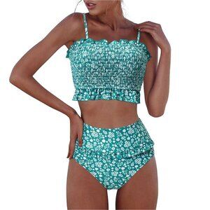 RXRXCOCO Shirred Bandeau Bikini 2 Piece Swimsuit Off Shoulder High Waist Large